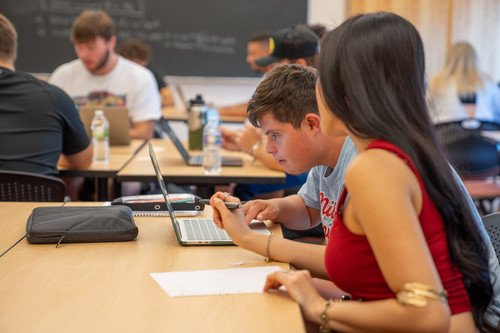 Two students sitting at a desk look at a laptop